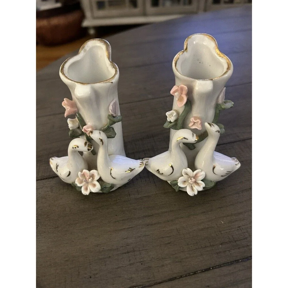 Vintage Porcelain Bud Vases With Swans And Flowers
